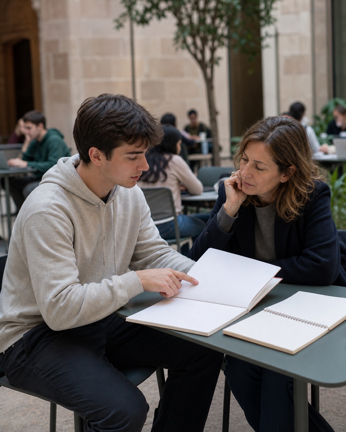 A parent and student reviewing GBSB Global Barcelona Bachelor information together