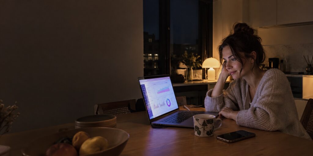 A marketing professional studying in the evening